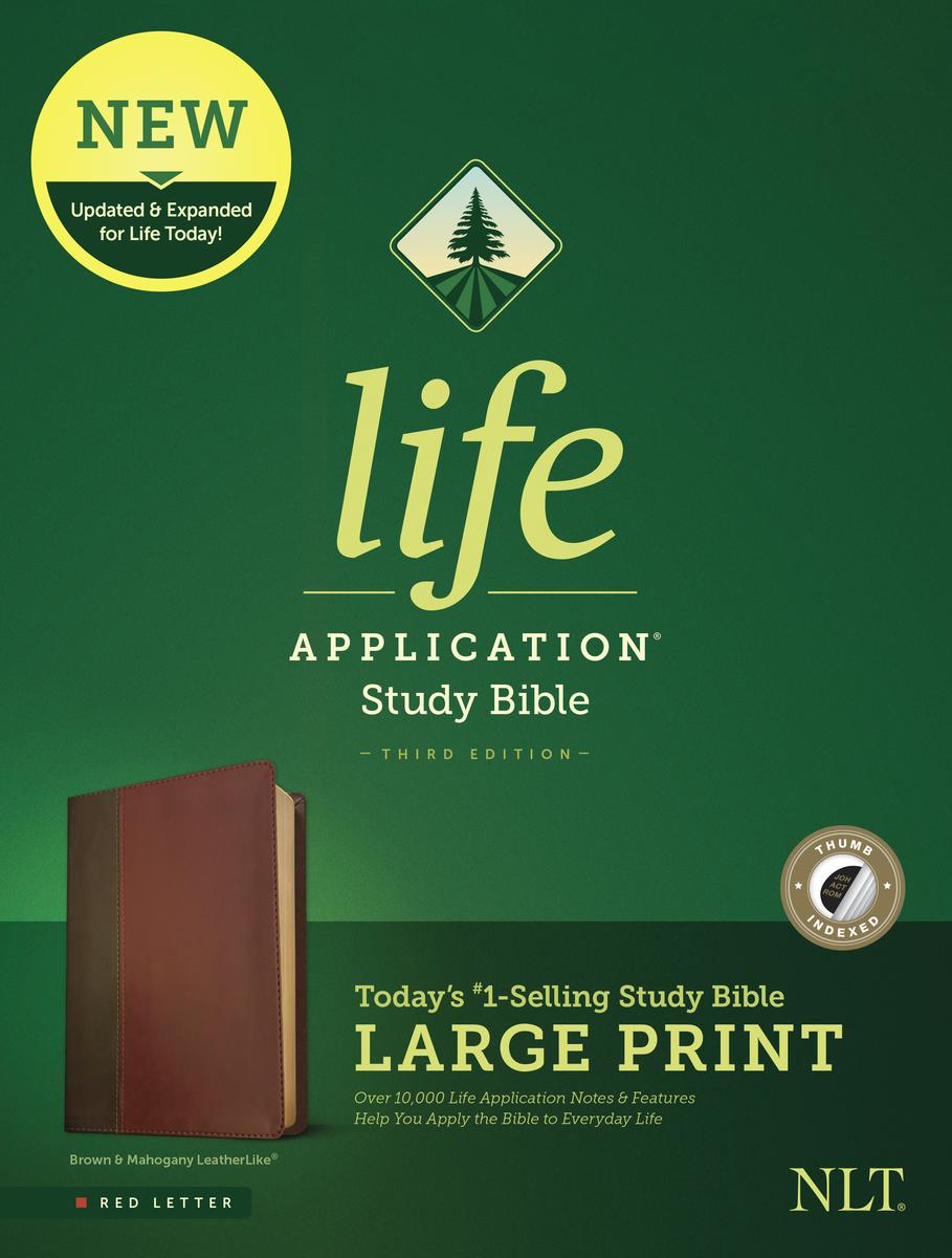 NLT Life Application Study Bible, Third Edition, Large Print (Red Letter, LeatherLike, Brown/Mahogany, Indexed)