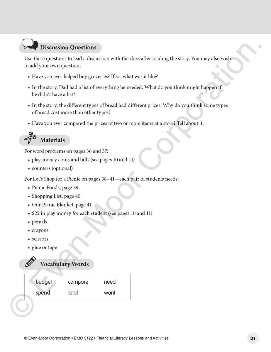 Financial Literacy Lessons and Activities, Grade 2 Teacher Resource